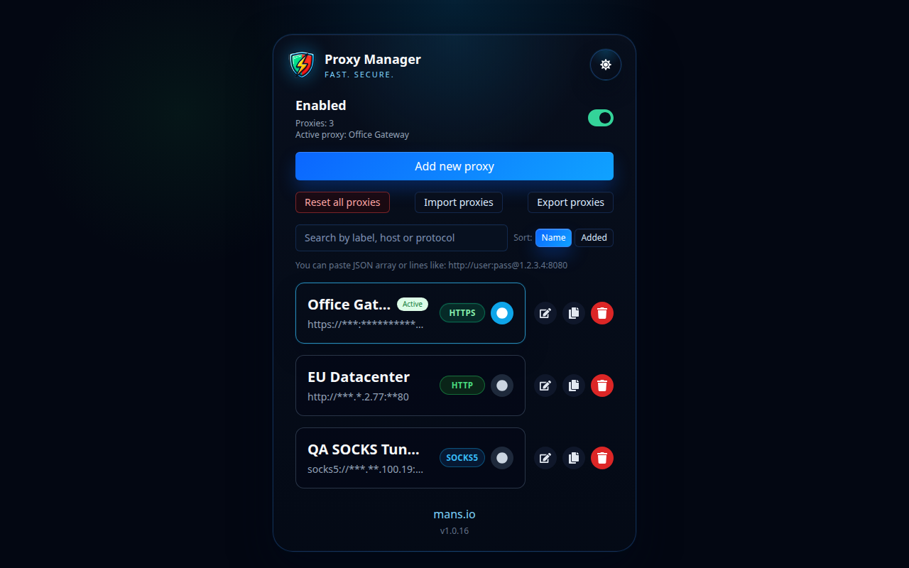 Списък с профили на Proxy Manager